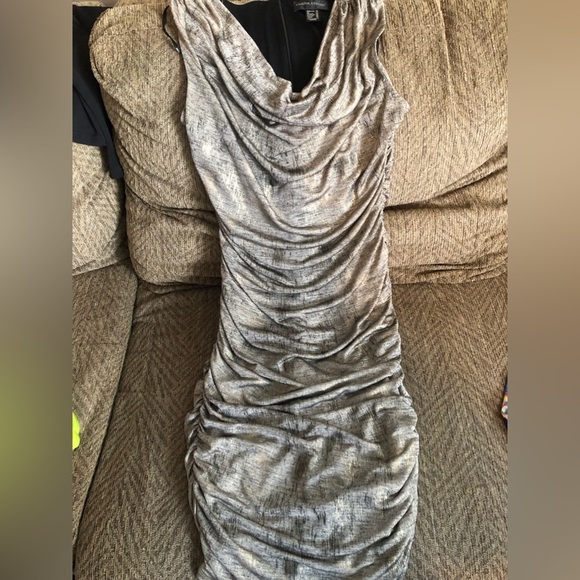 Frank Lyman Size 10 Metallic Knit Draped Cowl Sheath Dress Gold - Picture 9 of 11